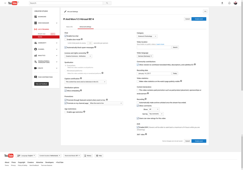 Screenshot that shows the view for the advanced sessions for the creation
of a scheduled event